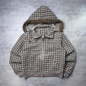 Y2K Plaid L.A. Express Grunge Faux Fue Hooded Bomber Jacket